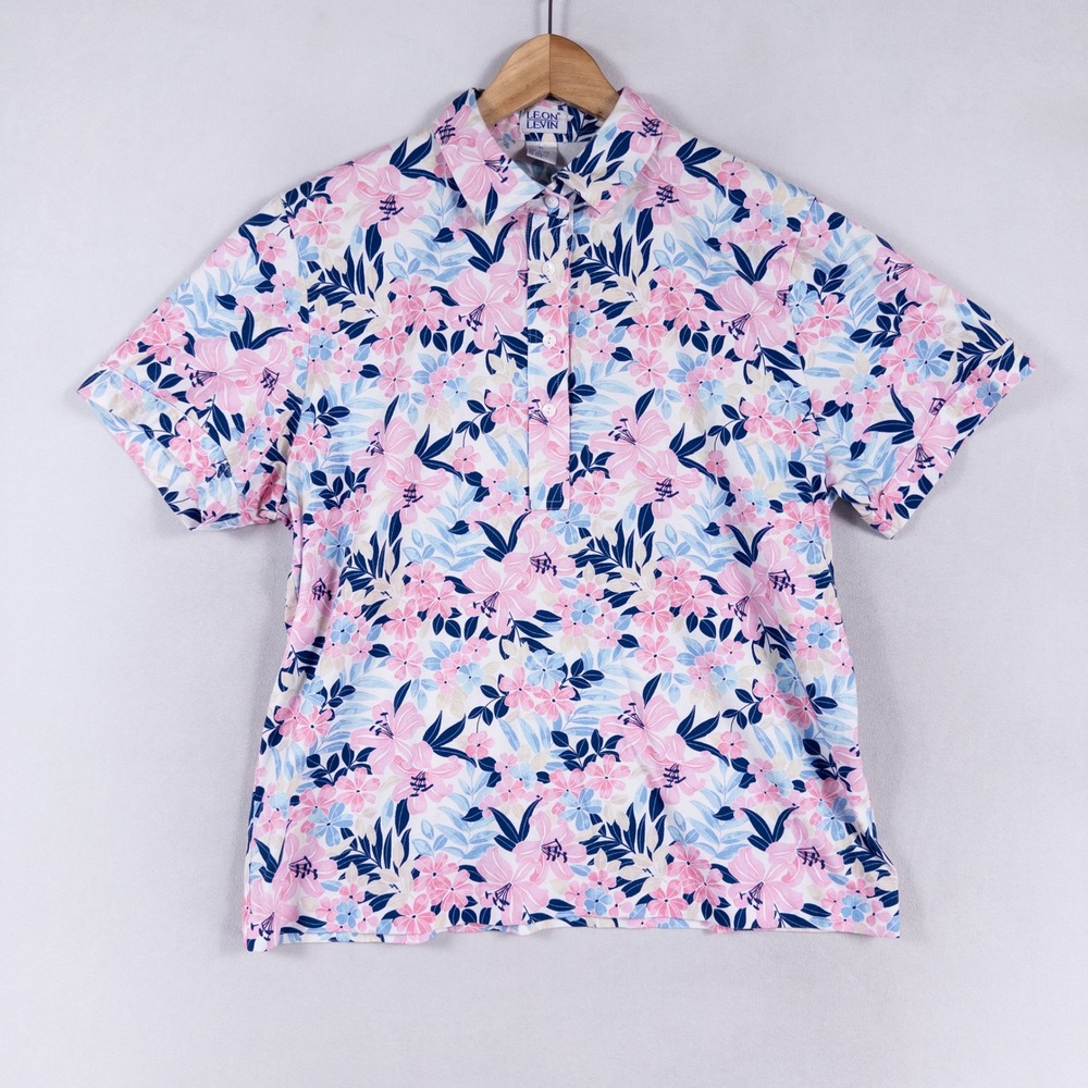 Leon Levin Polo Shirt Womens XL Pink Blue Floral Cotton Short Sleeve Coastal